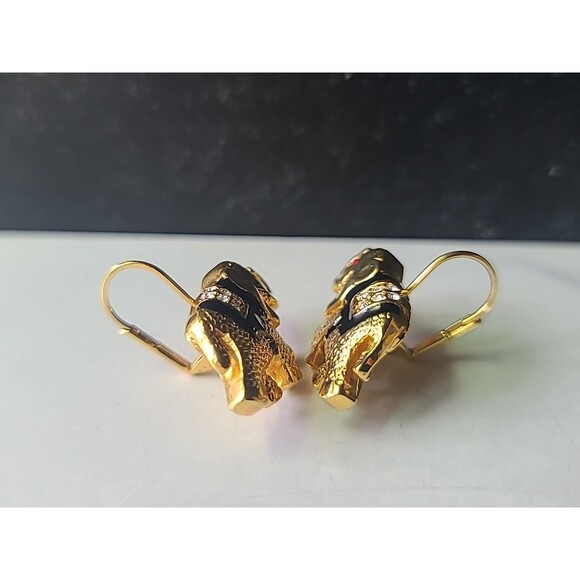 Gold Tone Metal Elephant Shaped Red Rhinestone Eyes Leverback Earrings Vintage - Picture 6 of 10